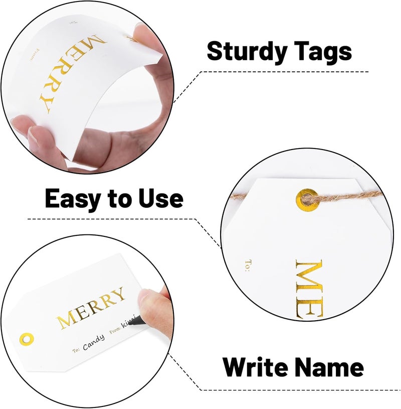 Alynta Christmas Gift Tags with String - 50Pcs Holiday Name Tags Gold Foil Xmas to and from Tag Merry Paper Tag for Christmas Presents Gift Wrapping Xmas Decorations - Image 3
